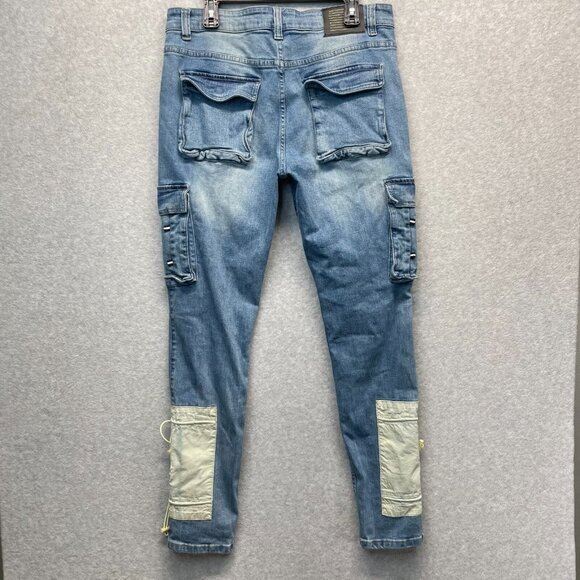 Serenede Men's 36 Cyber Cloud Cargo Jeans Bungee Cords Pockets Skinny Streetwear - Picture 2 of 14